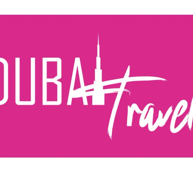 Logo z napisem "DUBAI Travel" i sylwetką Burdż Chalify. Planujesz podróż do Zjednoczonych Emiratów Arabskich? Wiza do Dubaju czeka!