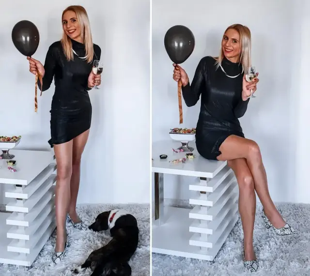 Elegancka czarna sukienka, błyszczące szpilki i balon – idealny zestaw, jak się ubrać na 18.