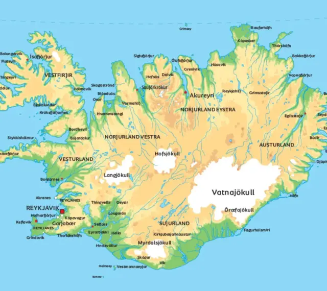 Mapa Islandii z zaznaczonymi miastami jak Reykjavík. Czy na Islandię trzeba mieć paszport? Tak, dla większości podróżnych.