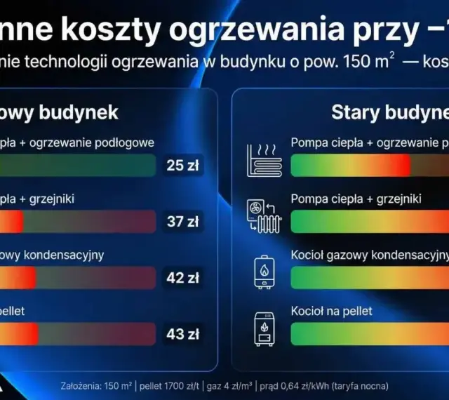 Porównanie dziennych kosztów ogrzewania w nowym i starym budynku. Wykres pokazuje, że pompa ciepła z ogrzewaniem podłogowym jest najtańsza.