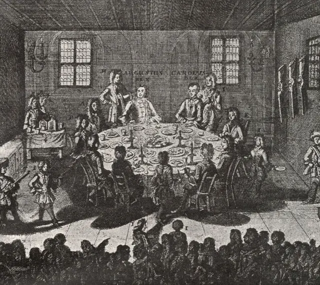 Uczta w sali, symbolizująca kulturę polskiego oświecenia. Ludzie przy stole, muzycy i widzowie tworzą atmosferę epoki.