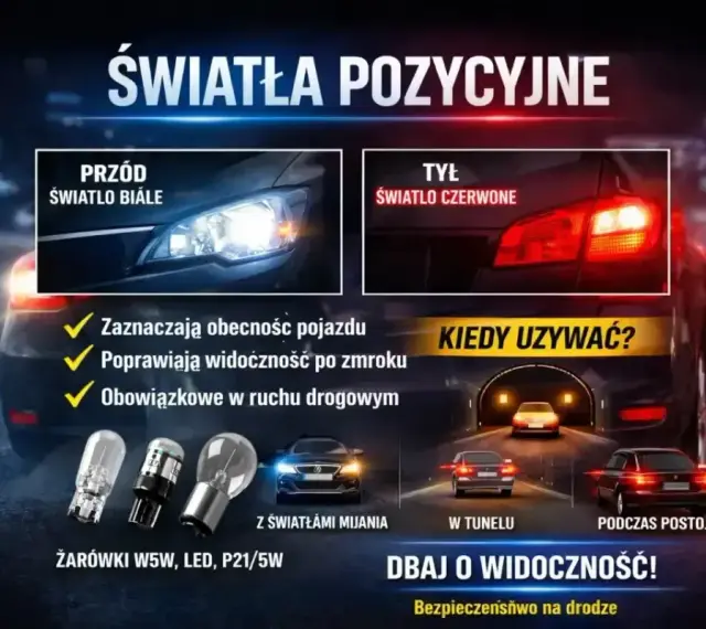 Światła postojowe i pozycyjne: białe z przodu, czerwone z tyłu. Używaj ich w tunelu i podczas postoju. Dbaj o widoczność!