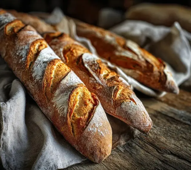 Tre gyllene baguetter på en linneduk, redo för ett gott baguette recept.