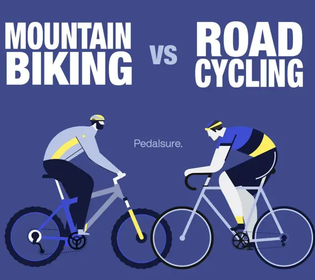 Illustration comparing mountain biking vs road cycling. A cyclist on a rugged bike faces a cyclist on a sleek road bike.