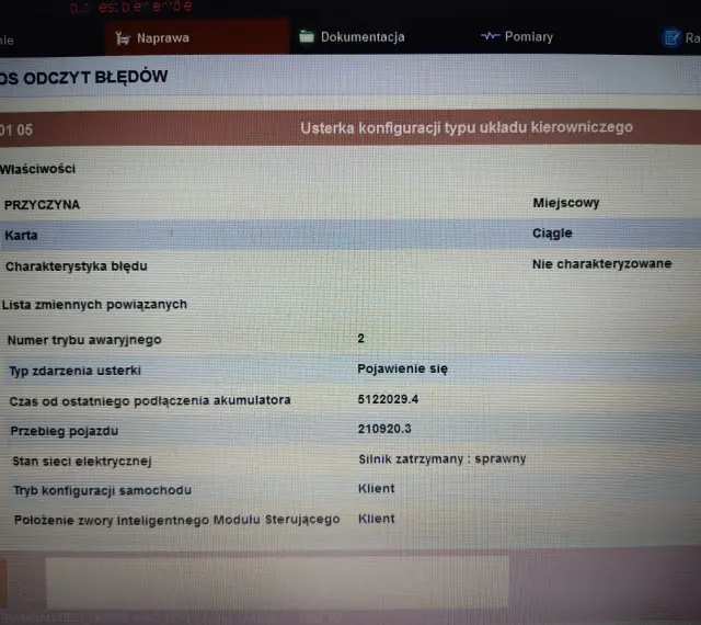 Błąd DTC B1401 w Renault: Usterka konfiguracji układu kierowniczego, ciągła, silnik zatrzymany.