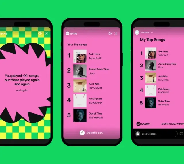Spotify Wrapped zbiera dane do końca października. Na ekranach telefonów widać podsumowania ulubionych utworów.