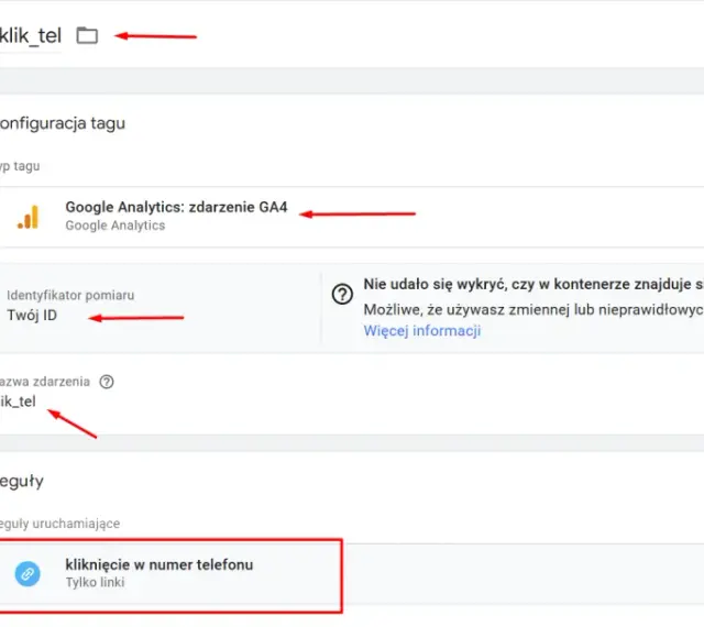 Konfiguracja tagu Google Analytics GA4. Nazwa zdarzenia: klik_tel. Reguła uruchamiająca: kliknięcie w numer telefonu.