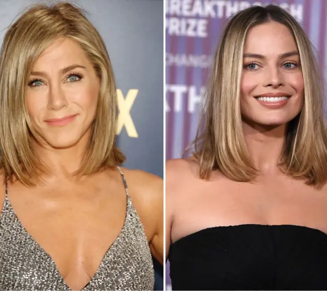 Jennifer Aniston i Margot Robbie prezentują stylowe fryzury damskie do ramion z grzywką, idealne na każdą okazję.