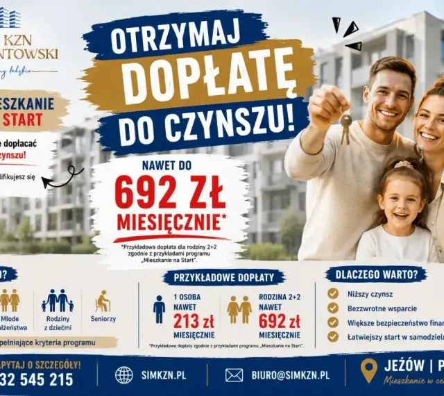 Szczęśliwa rodzina z kluczami do mieszkania. Program "Mieszkanie na Start" oferuje dopłatę do czynszu, ułatwiając start w samodzielnym życiu.