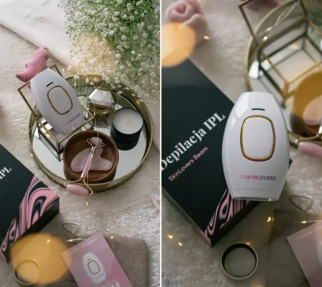 Biały depilator IPL SkinLovers, różowy masażer do twarzy i świeca tworzą luksusowy zestaw. Opinie o skino depilator są pozytywne.