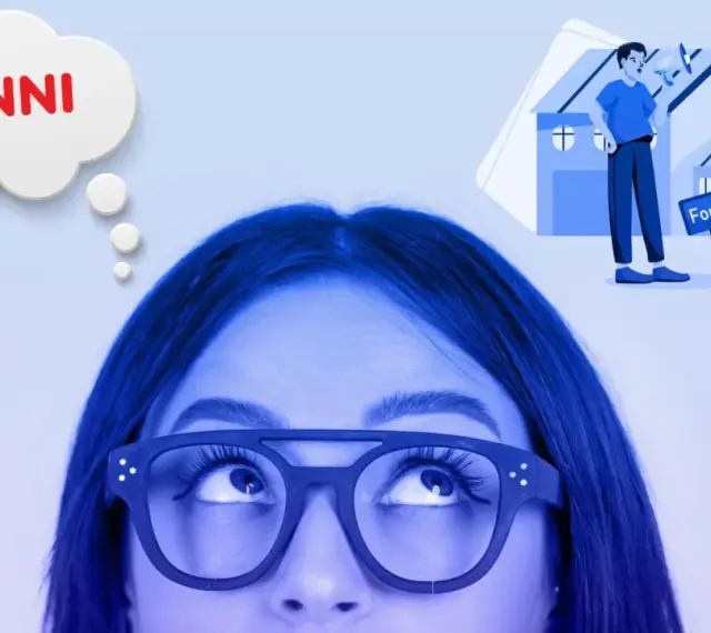 Ragazza pensa alla vendita prima casa prima dei 5 anni, con case in vendita sullo sfondo.