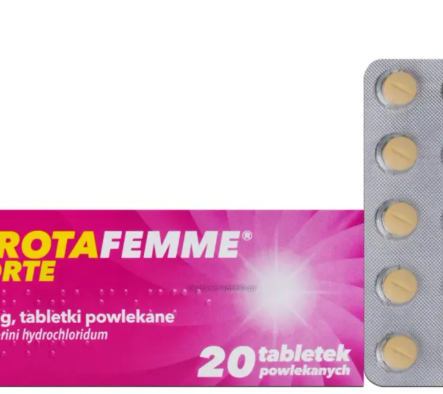 Drotafemme Forte na co pomaga? Opakowanie leku z 20 tabletkami powlekanymi, zawierającymi drotaweryny chlorowodorek.