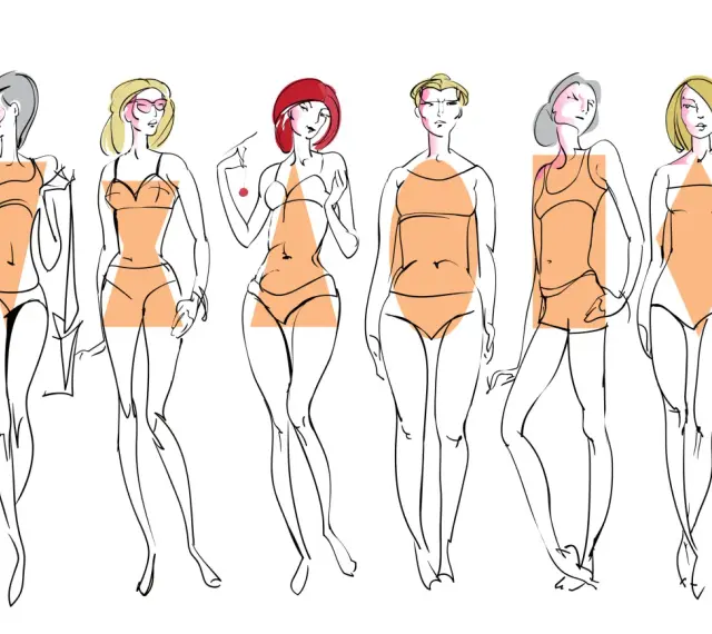 Sześć kobiet w strojach kąpielowych, każda z zaznaczonym innym typem **body shape**.