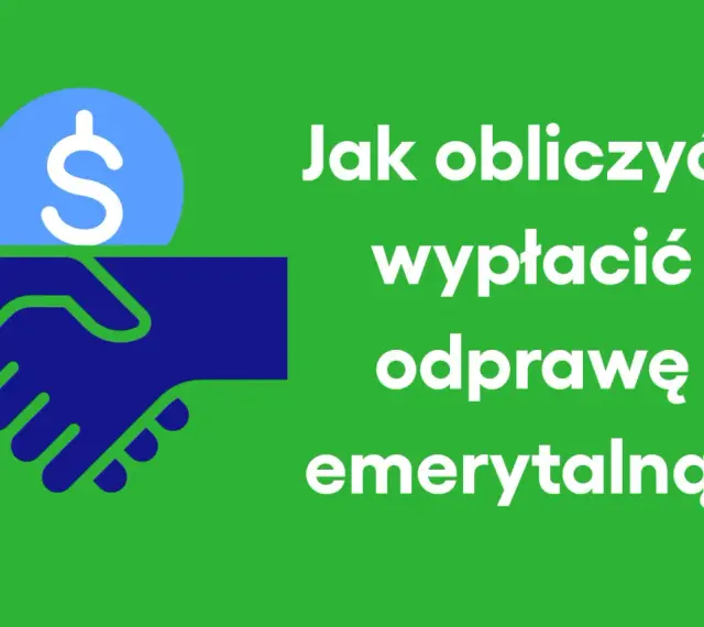 Dwie dłonie ściskają się pod monetą z symbolem dolara. Tekst: "Jak obliczyć i wypłacić odprawę emerytalną?".