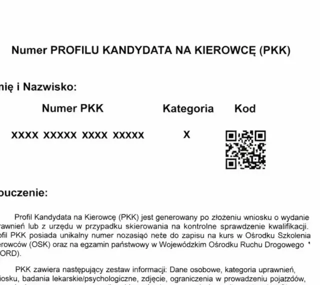 Numer PKK, kategoria X i kod QR na dokumencie Profilu Kandydata na Kierowcę.