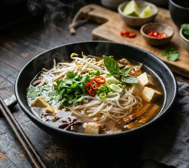 Gorący, aromatyczny makaron pho z tofu, kiełkami fasoli, kolendrą i chili, paruje na drewnianym stole.