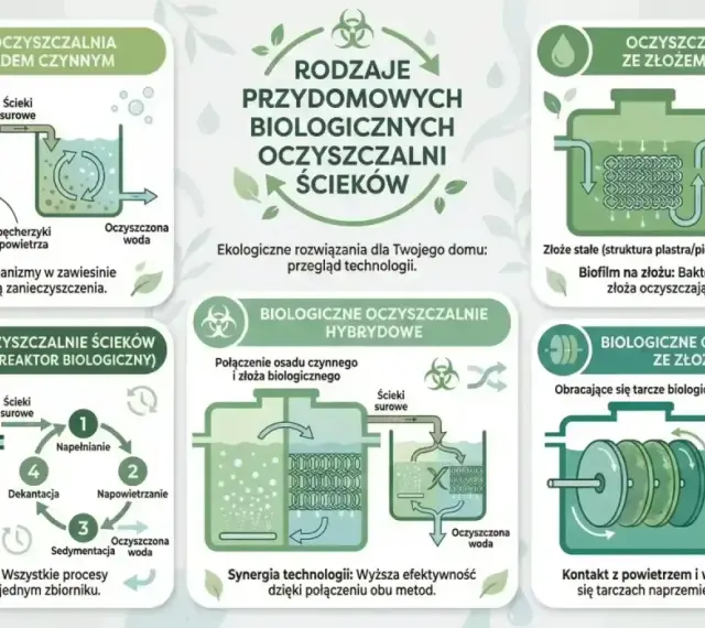 Schemat przedstawia rodzaje przydomowych oczyszczalni ścieków. Jedna z nich to oczyszczalnia ze złożem biologicznym, gdzie bakterie w osadzie czynnym rozkładają zanieczyszczenia.