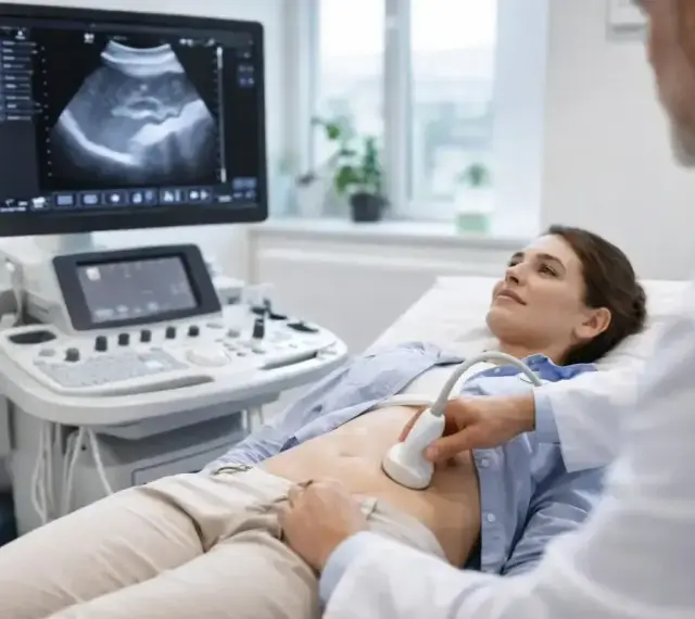Lekarz wykonuje usg jamy brzusznej pacjentce. Na ekranie widoczny obraz narządów.