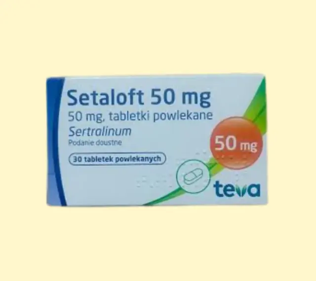 Opakowanie leku Setaloft 50 mg, zawierające 30 tabletek powlekanych z sertraliną, stosowane w leczeniu depresji i innych schorzeń.