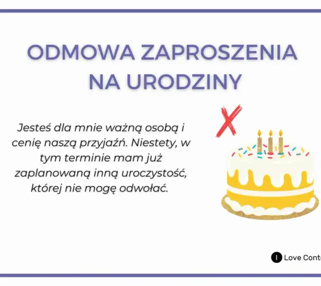 Jak grzecznie odmówić zaproszenia przykłady: tekst o odmowie urodzinowych, z tortem i przekreślonym zaproszeniem.