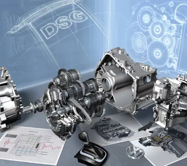 Rozłożony na części mechanizm DSG, schematy i dźwignia zmiany biegów. To obraz rewolucji w **power shift**.