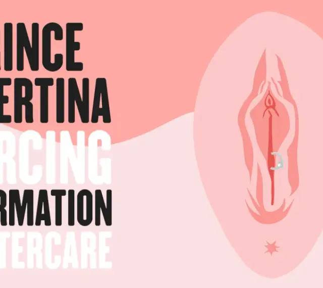 Grafika z napisem "Prince Albertina Piercing Information & Aftercare" i schematycznym przedstawieniem piercingu.