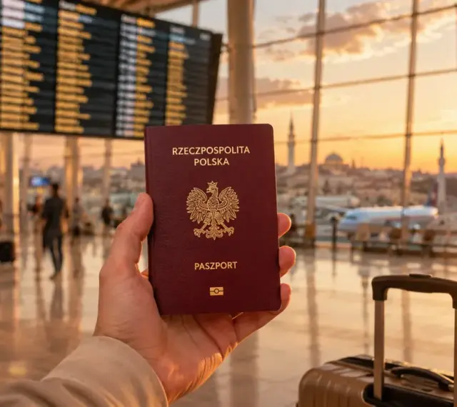 Polski paszport w dłoni na tle lotniska z turecką flagą. Czy Turcja jest w UE? Podróż do kraju poza Unią Europejską.