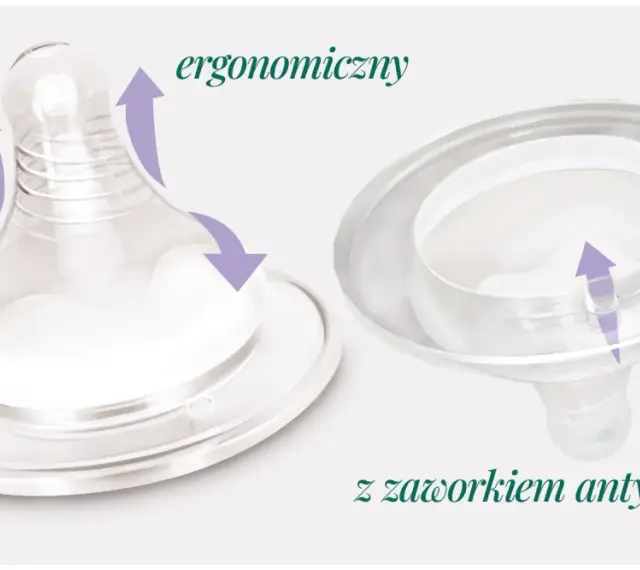 Ergonomiczny smoczek na butelkę z zaworkiem antykolkowym. Fioletowe strzałki pokazują ruch i przepływ powietrza.