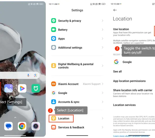 Ustawienia Android: wybierz Ustawienia, następnie Lokalizacja, aby zarządzać udostępnianiem lokalizacji.