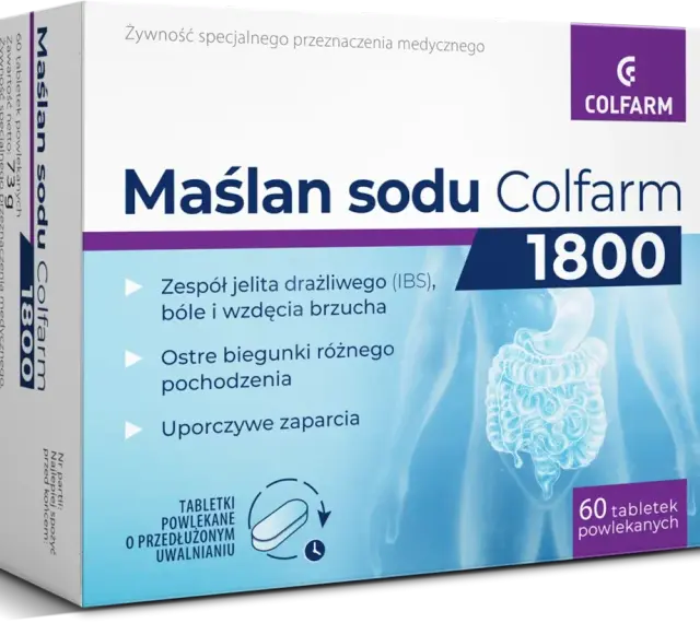Maślan sodu Colfarm 1800 – wybór dla jelit. Pomaga przy IBS, biegunkach i zaparciach. Tabletki o przedłużonym uwalnianiu.