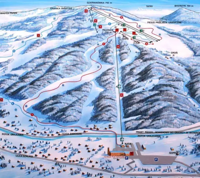 Mapa narciarska Palenicy Szczawnica. Widok na stoki, trasy, wyciągi i infrastrukturę. Sprawdź palenica szczawnica cennik.