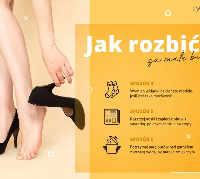 Kobieta przymierza czarne, zamszowe szpilki, pokazując, jak rozciągnąć buty, by były wygodniejsze.