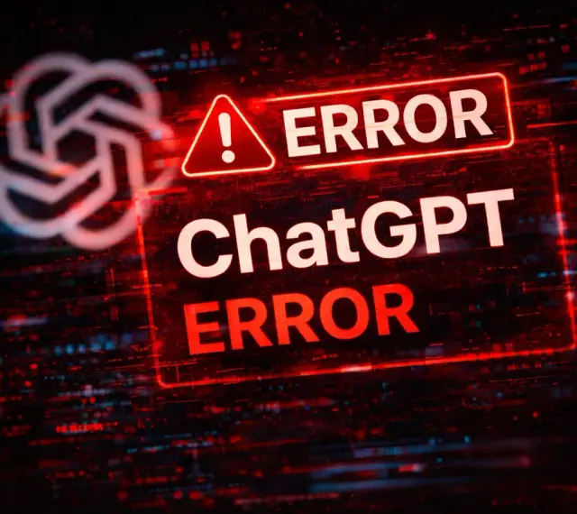 Czerwony komunikat "ERROR" na tle cyfrowego szumu i logo ChatGPT. Awaria systemu.