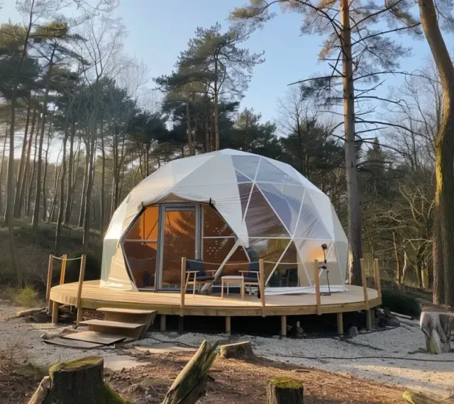 Domek w lesie, czyli glamping co to? Luksusowy nocleg w namiocie geodezyjnym na drewnianym tarasie.