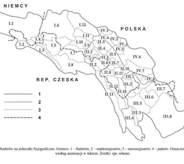 Mapa pokazuje, gdzie są Sudety, podzielone na jednostki fizjograficzne, z granicami państw i regionów.
