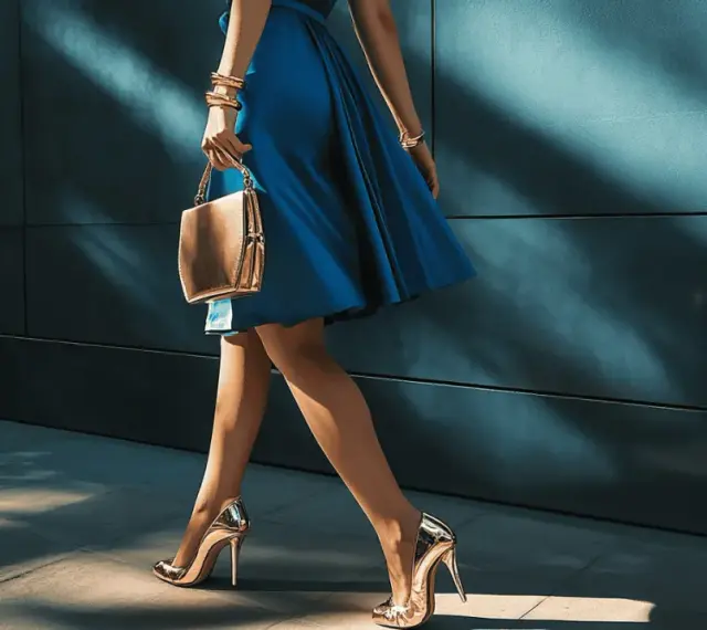 Złote szpilki i torebka to idealne dodatki do niebieskiej sukienki, tworząc elegancki look.