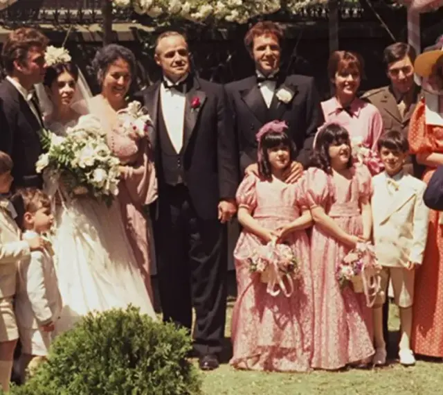 Wesele z filmu "Ojciec Chrzestny". Obsada filmu pozuje do zdjęcia rodzinnego, wśród nich Marlon Brando jako Don Corleone.