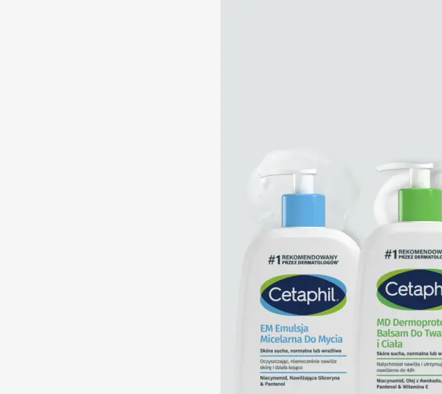 Dwa produkty Cetaphil: emulsja micelarna i balsam do twarzy i ciała, rekomendowane przez dermatologów.