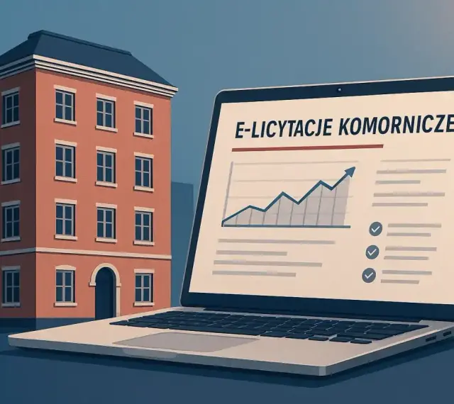 Domy wystawione na licytacje przez komornika. Na ekranie laptopa widnieje napis "E-licytacje komornicze" i wykres wzrostu.