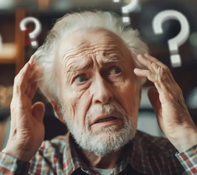 Starszy mężczyzna zdezorientowany, trzymający się za głowę. Wokół niego unoszą się znaki zapytania, symbolizujące chorobę Alzheimera i utratę pamięci.