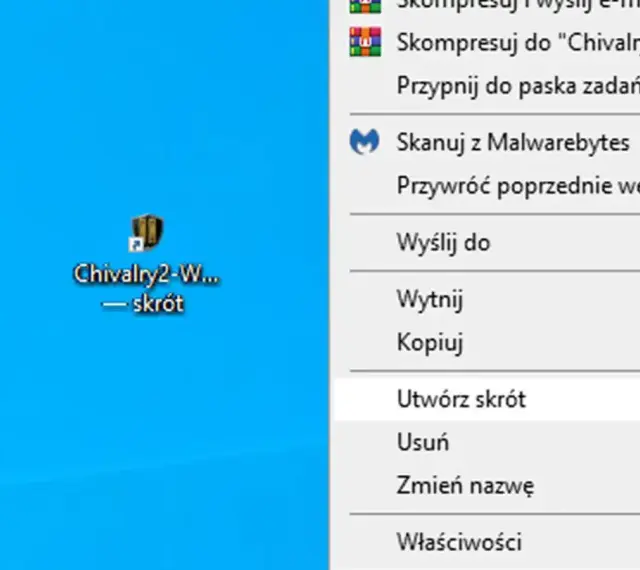 Menu kontekstowe z opcją "Utwórz skrót" na pulpicie, pokazujące jak zmienić pulpit.