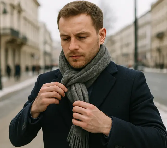 Mężczyzna w granatowym płaszczu poprawia szary szalik. Pokazujemy, jak wiazac szalik meski, by wyglądać stylowo.