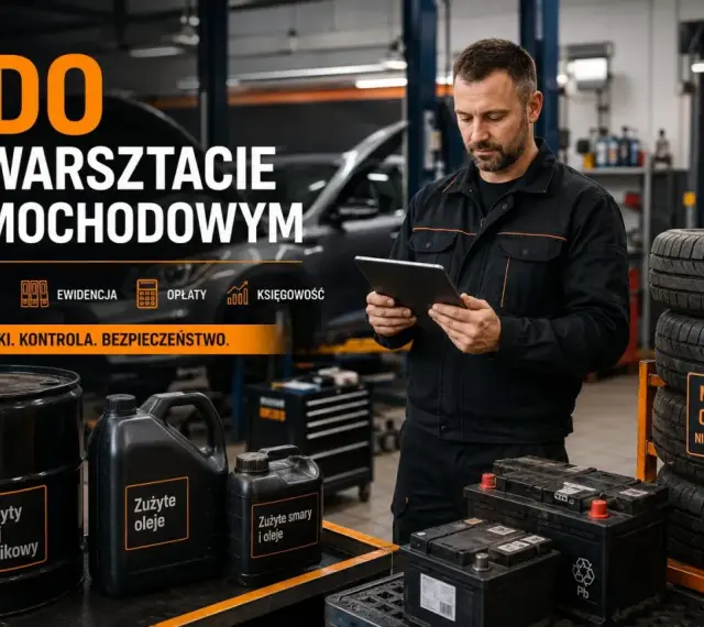 Mechanik w warsztacie samochodowym korzysta z tabletu, zarządzając odpadami i ewidencją. Obok stoją beczki z zużytymi olejami i akumulatory.