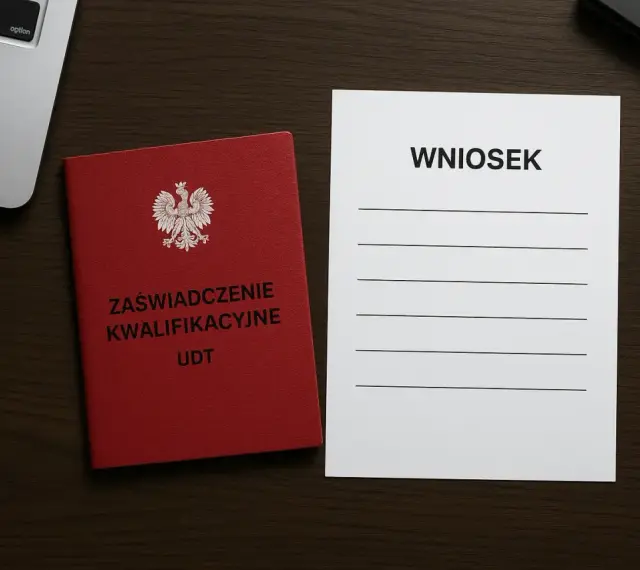 Czerwona książeczka z orłem i napisem "Zaświadczenie Kwalifikacyjne UDT" obok formularza "Wniosek" i długopisu. Przygotowanie do złożenia wniosku o przedłużenie uprawnień UDT online.