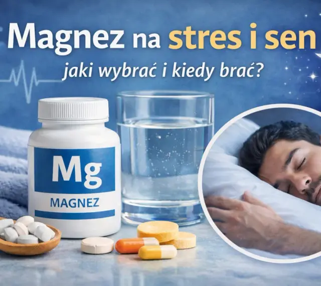 Magnez z witaminą B6 na stres i sen. Butelka magnezu, szklanka wody i śpiący mężczyzna.