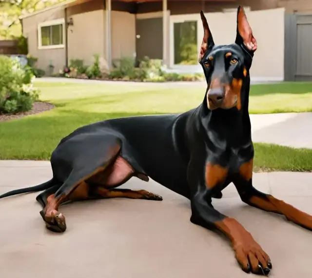 Czarny doberman leży na podjeździe. To wspaniały pies obronny i rodzinny, gotowy do ochrony domu i bliskich.