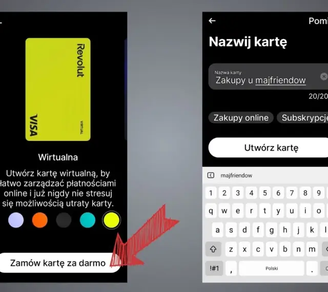 Jak aktywować kartę Revolut: wybierz kolor, nazwij kartę "Zakupy u majfriendow" i utwórz ją.