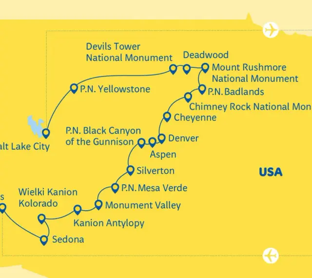 Mapa USA z trasą przez parki narodowe: Yellowstone, Badlands, Mount Rushmore, Wielki Kanion Kolorado, Mesa Verde i inne.