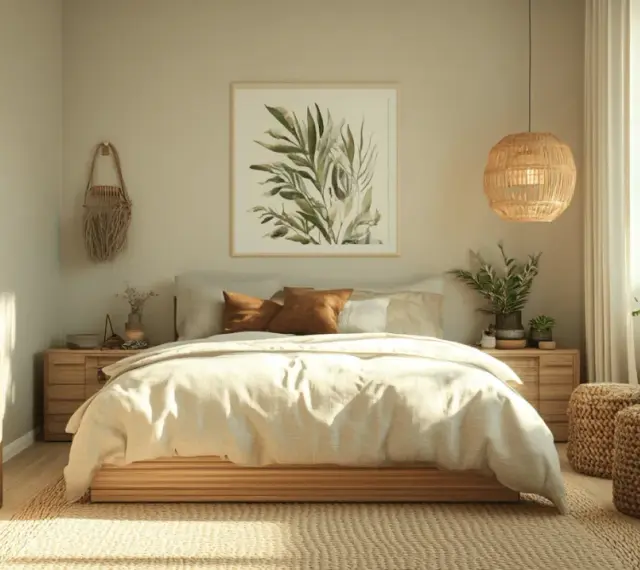 Helles, natürliches Schlafzimmer im Boho-Stil. Die sanften Erdtöne und Pflanzen schaffen eine harmonische feng shui schlafzimmer farbe Atmosphäre.