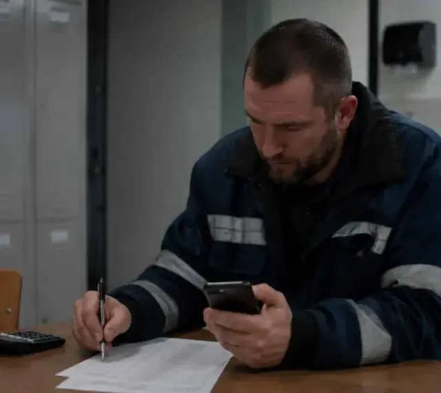 Pracownik w roboczym ubraniu sprawdza telefon, notując coś na papierze. Może to być jego dodatek nocny 2025.